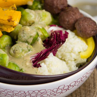Brussels Bowl with Cauliflower “Rice” and Rosemary Sauce