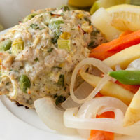 Spring Leek and Lemon Chicken Patties with Steamed Veggie Salad