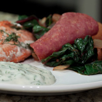 Salmon, dill sauce & greens
