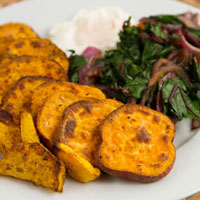 Sauteed Beet Greens and Chili Sweet Potato Rounds