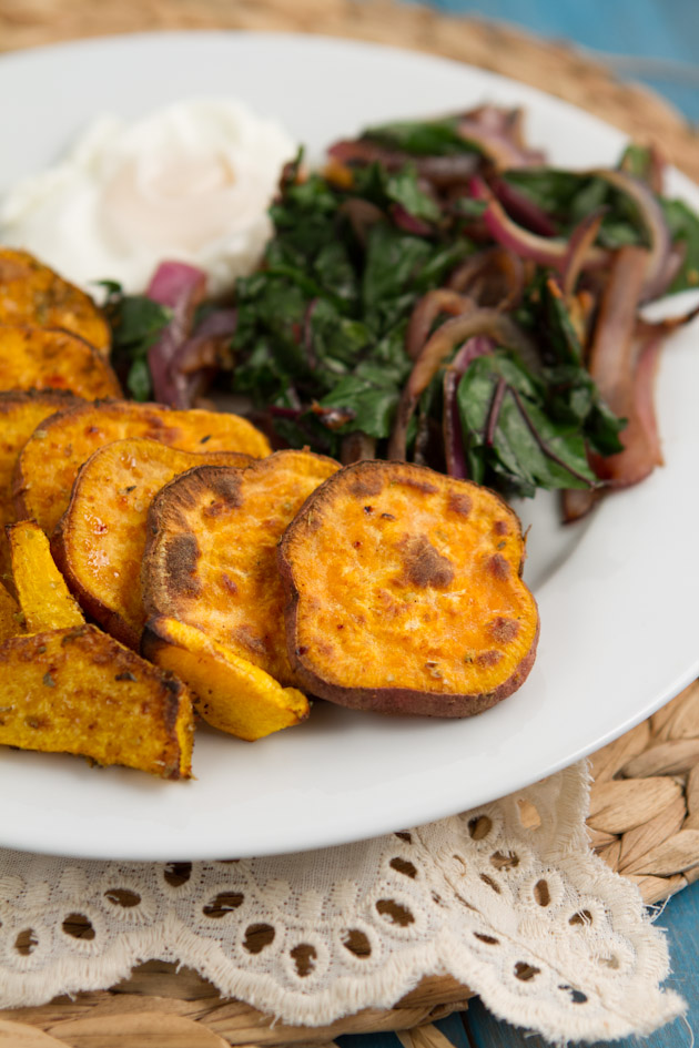 Sauteed Beet Greens and Chili Sweet Potato Rounds | Healthful Pursuit