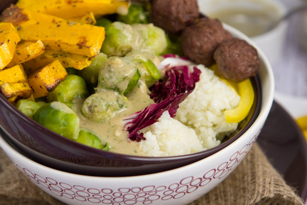 Brussels Bowl with Cauliflower "Rice" and Rosemary Sauce #paleo #grainfree #vibrantlifecleanse