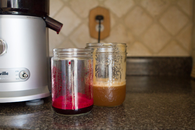Fresh-pressed beet and apple juice with berries and banana